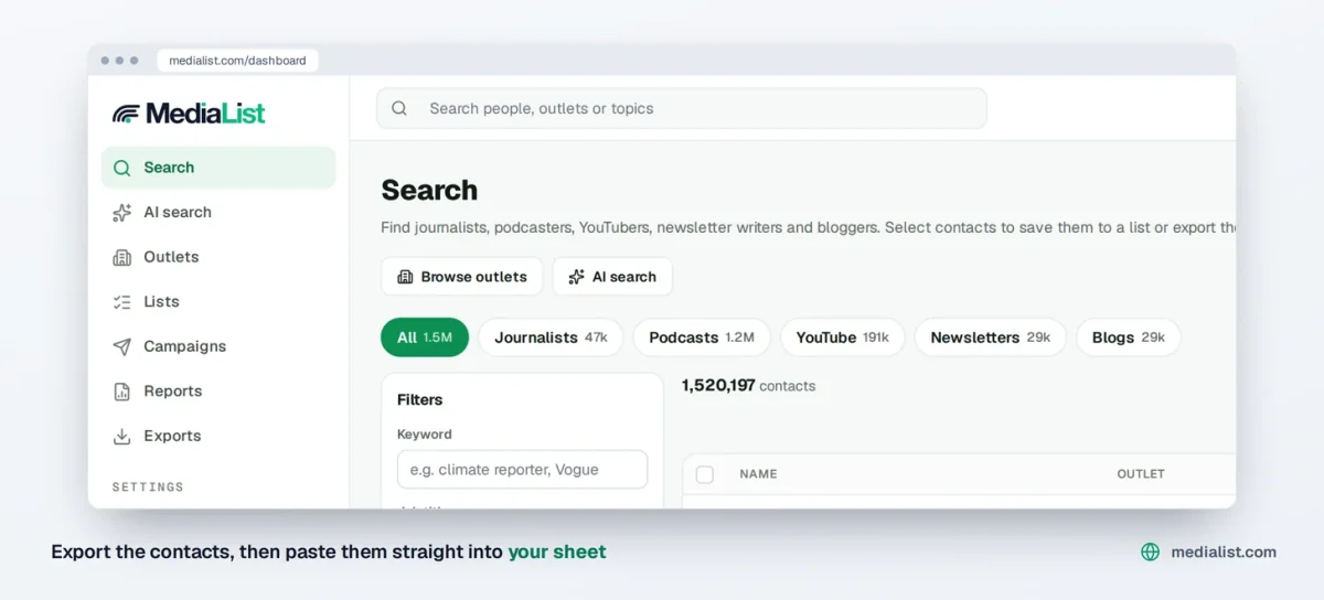 Media List dashboard, the search page with contact type tabs and filters