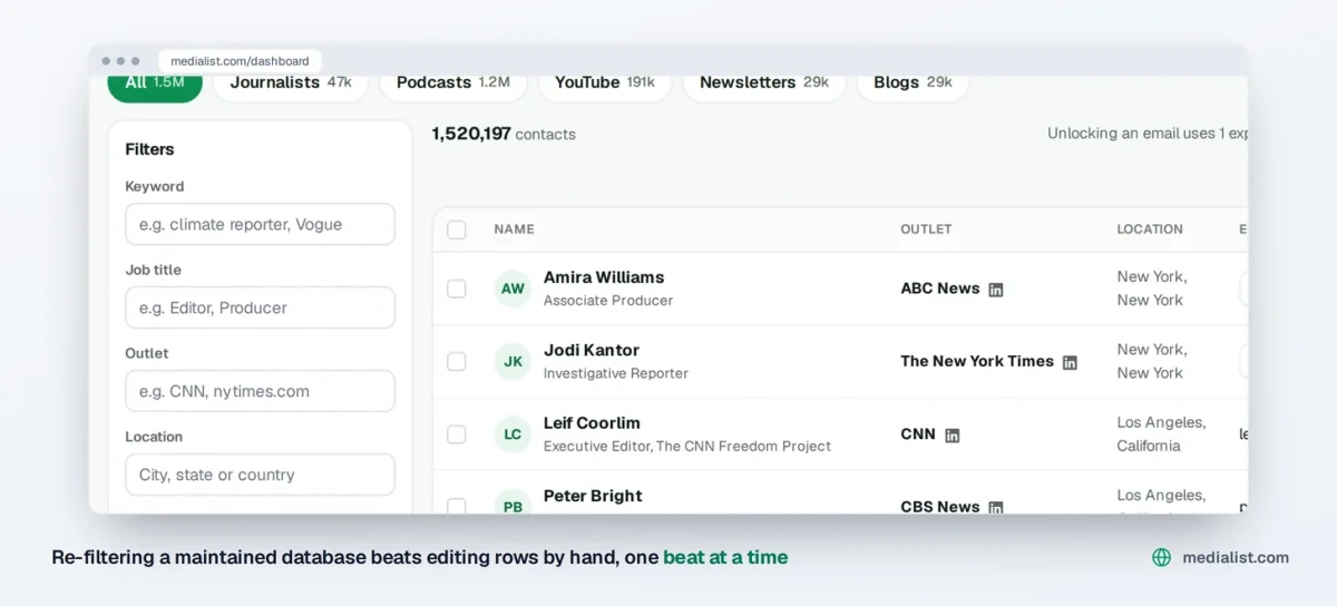 Media List filters panel used to re-filter a maintained list by beat