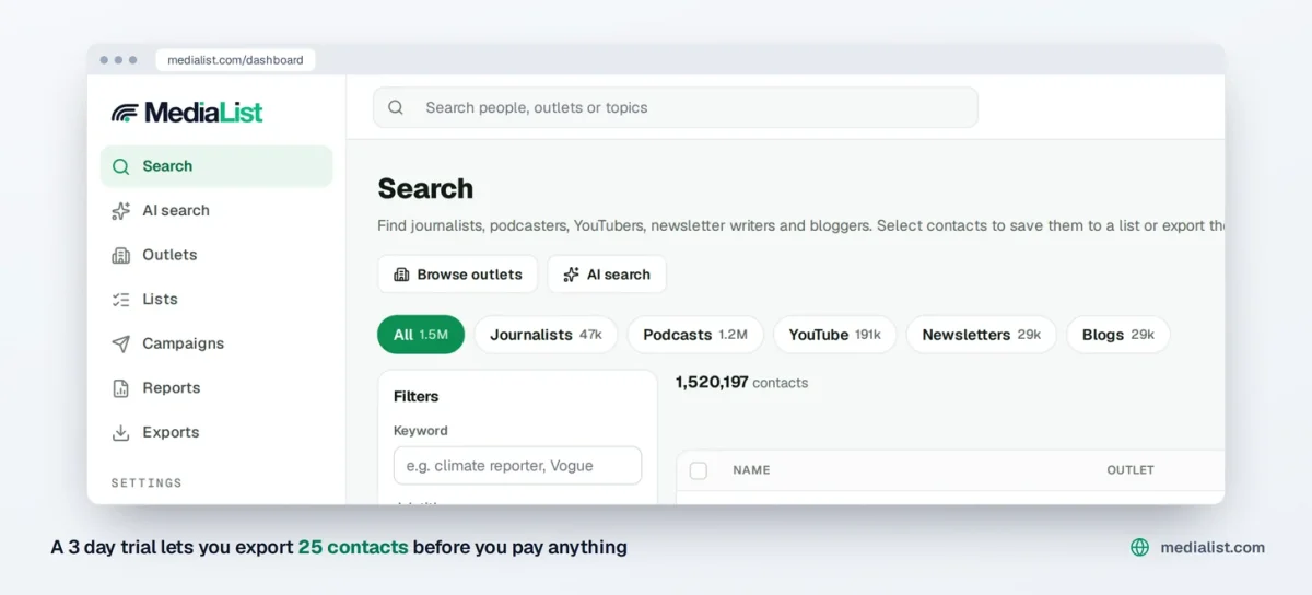 Media List dashboard, the search page with contact type tabs and filters
