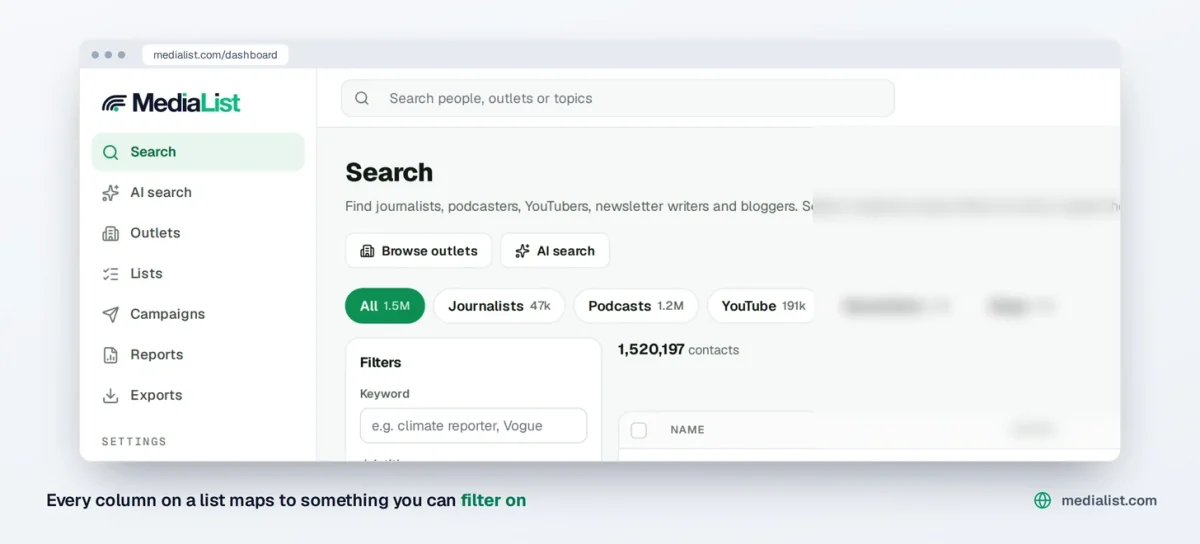 Media List search screen with the filters panel open