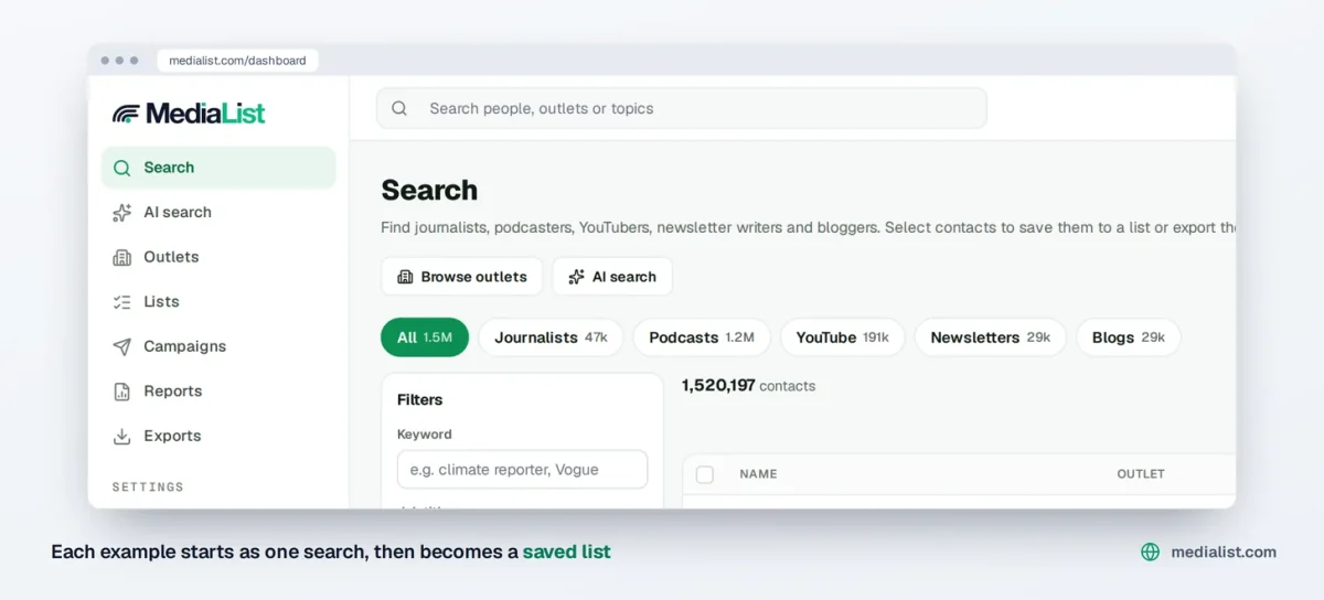 Media List dashboard, the search page with contact type tabs and filters