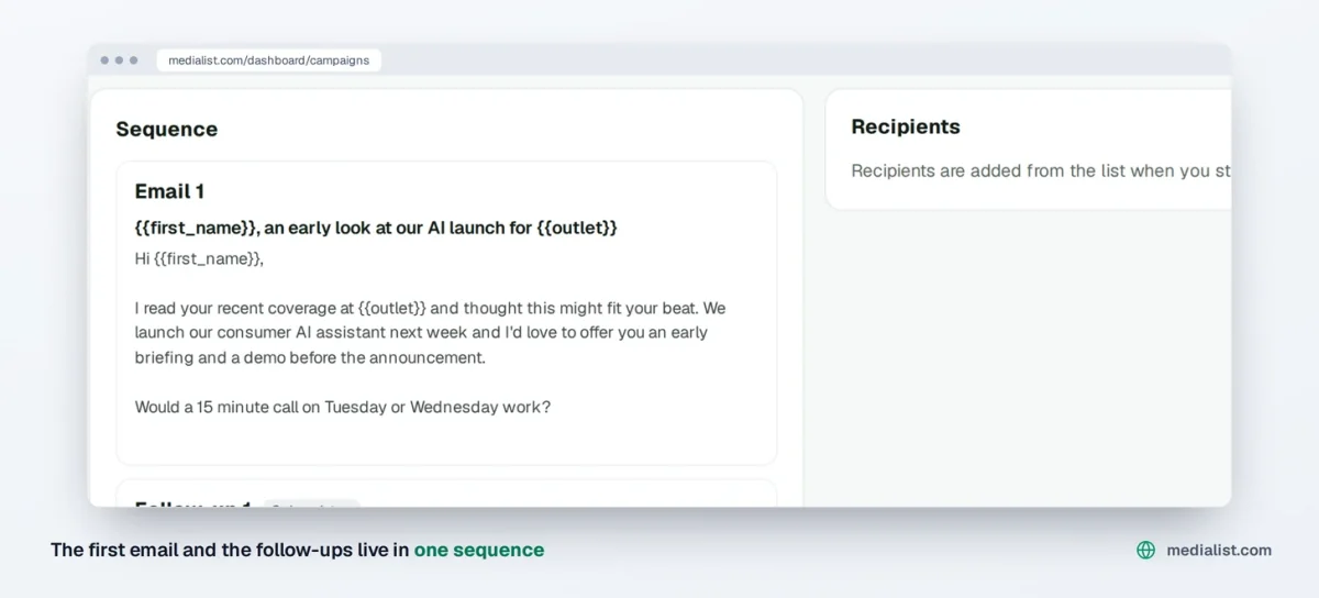 Media List dashboard, a campaign sequence with a first email and follow-ups