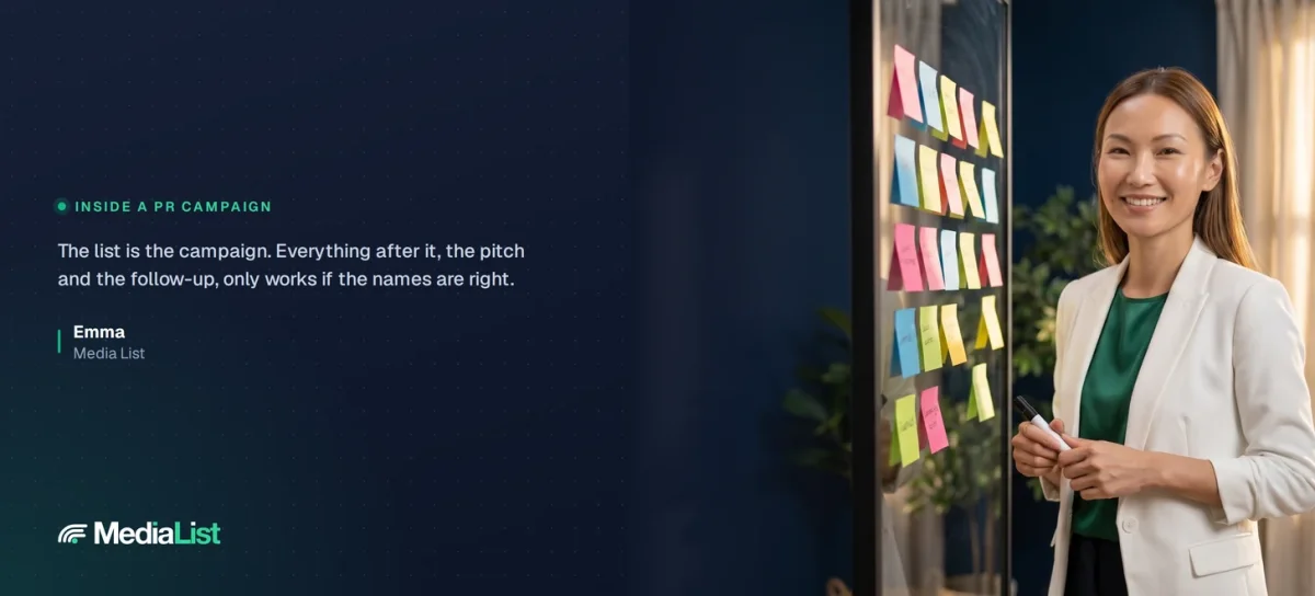 Media List, Emma smiling at a wall of notes