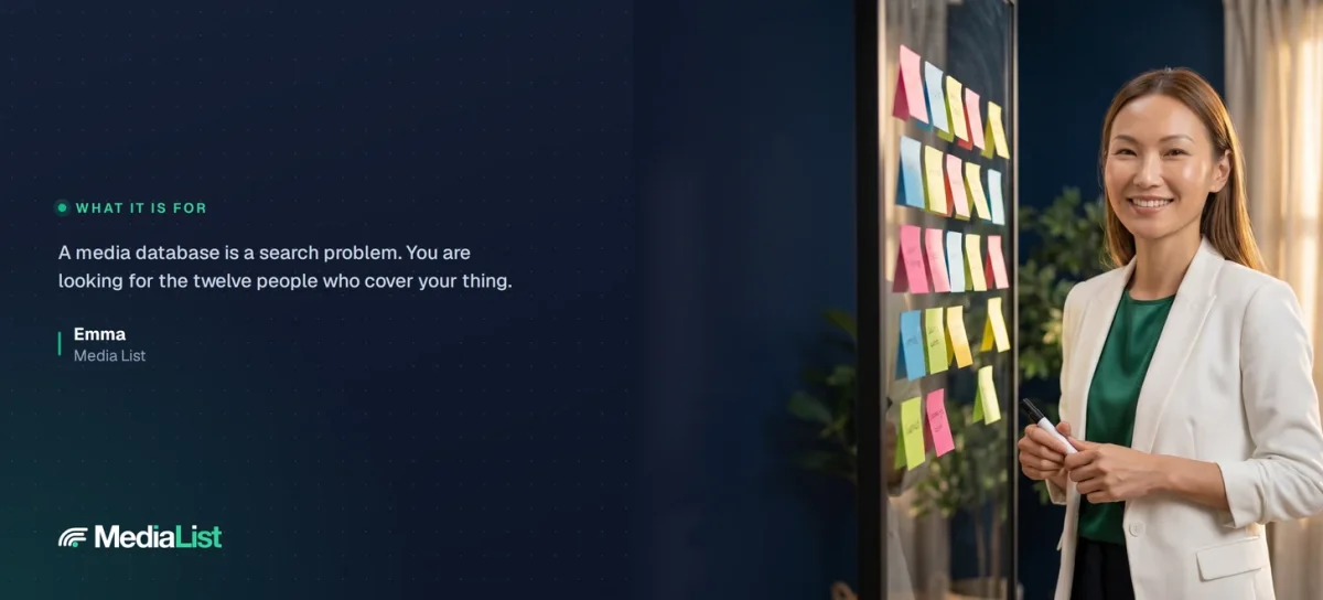 Media List, Emma smiling at a wall of notes
