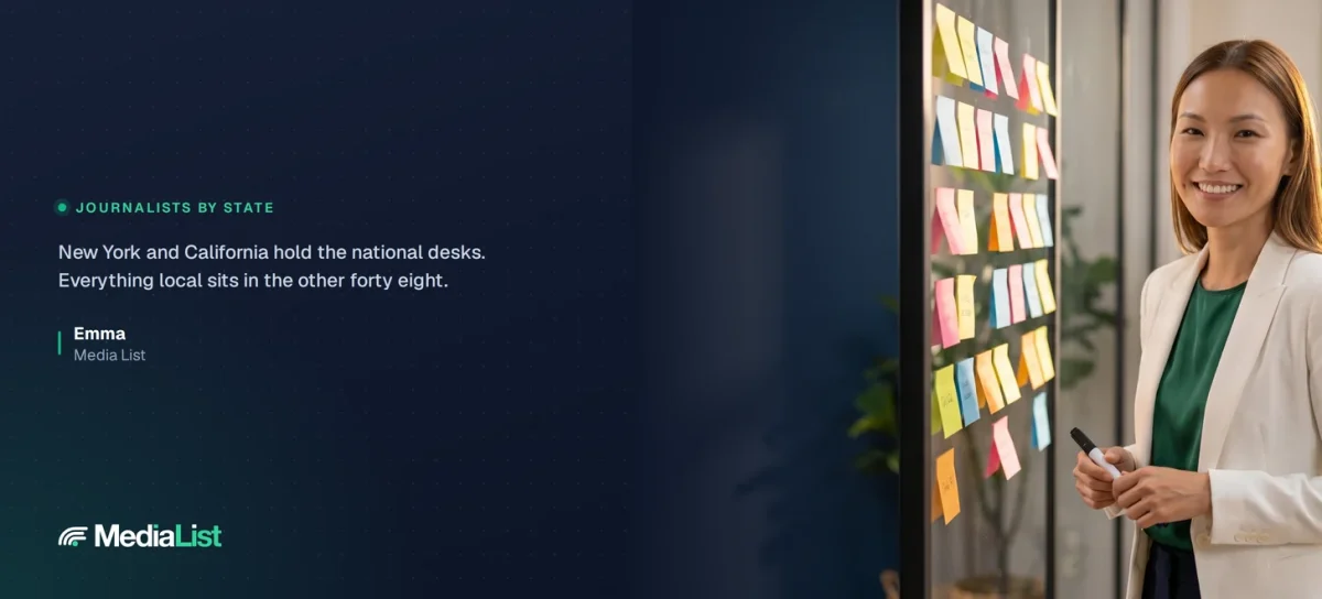 Media List, Emma smiling at a wall of notes