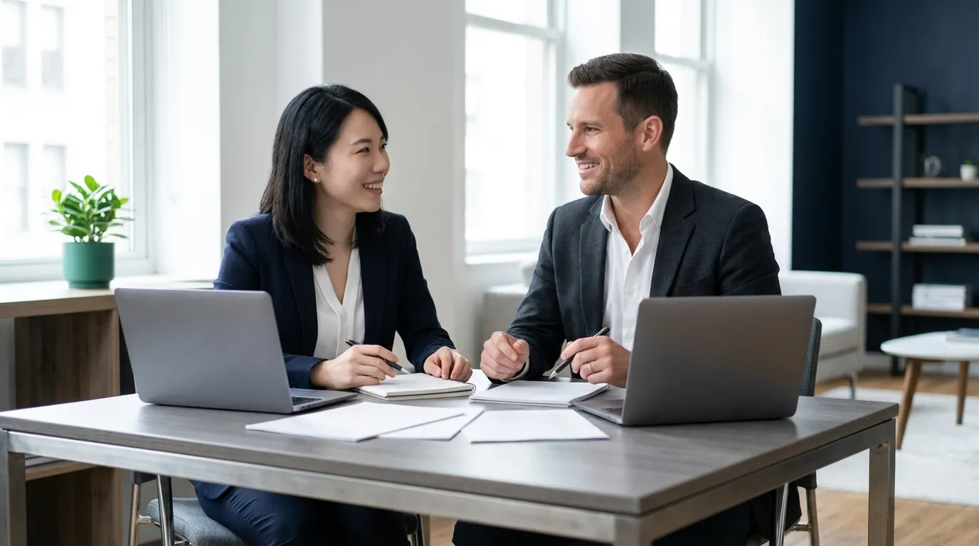 Colleagues planning a media pitch together in a bright office