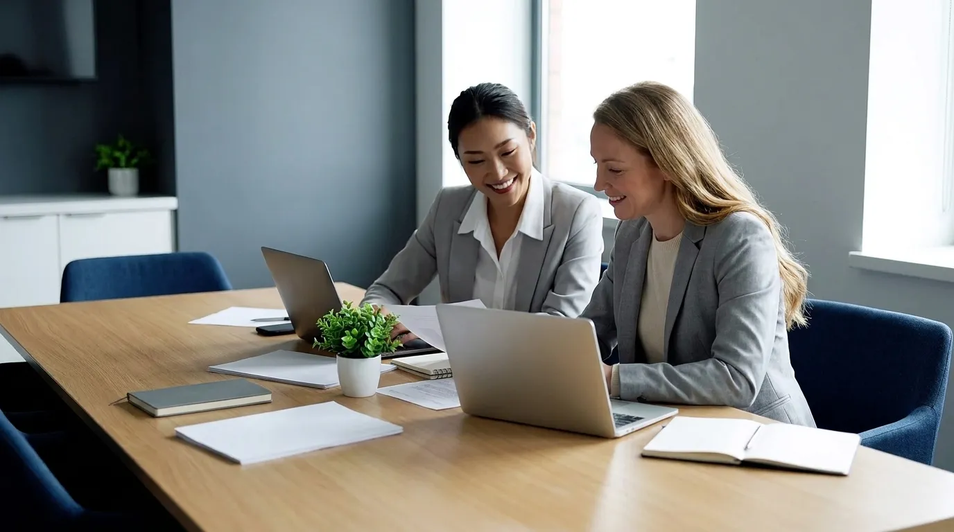 Colleagues planning a media pitch together in a bright office