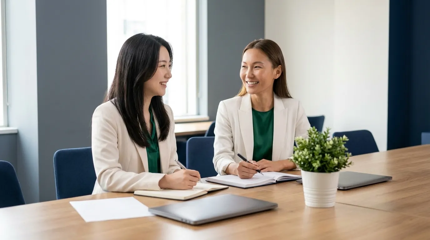 Colleagues planning a media pitch together in a bright office