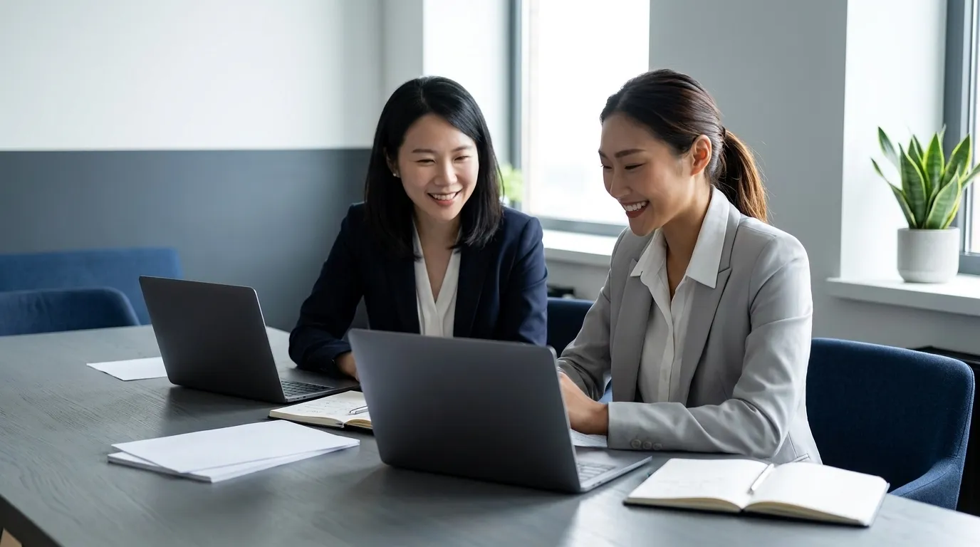 Colleagues planning a media pitch together in a bright office