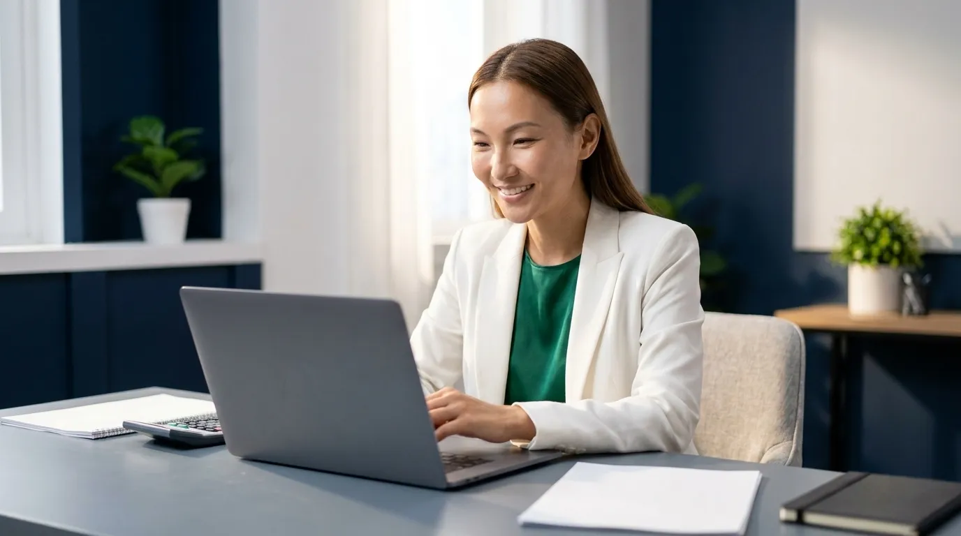 A freelance publicist at a bright kitchen-table office reviewing a yearly software invoice on a laptop, calm and smiling