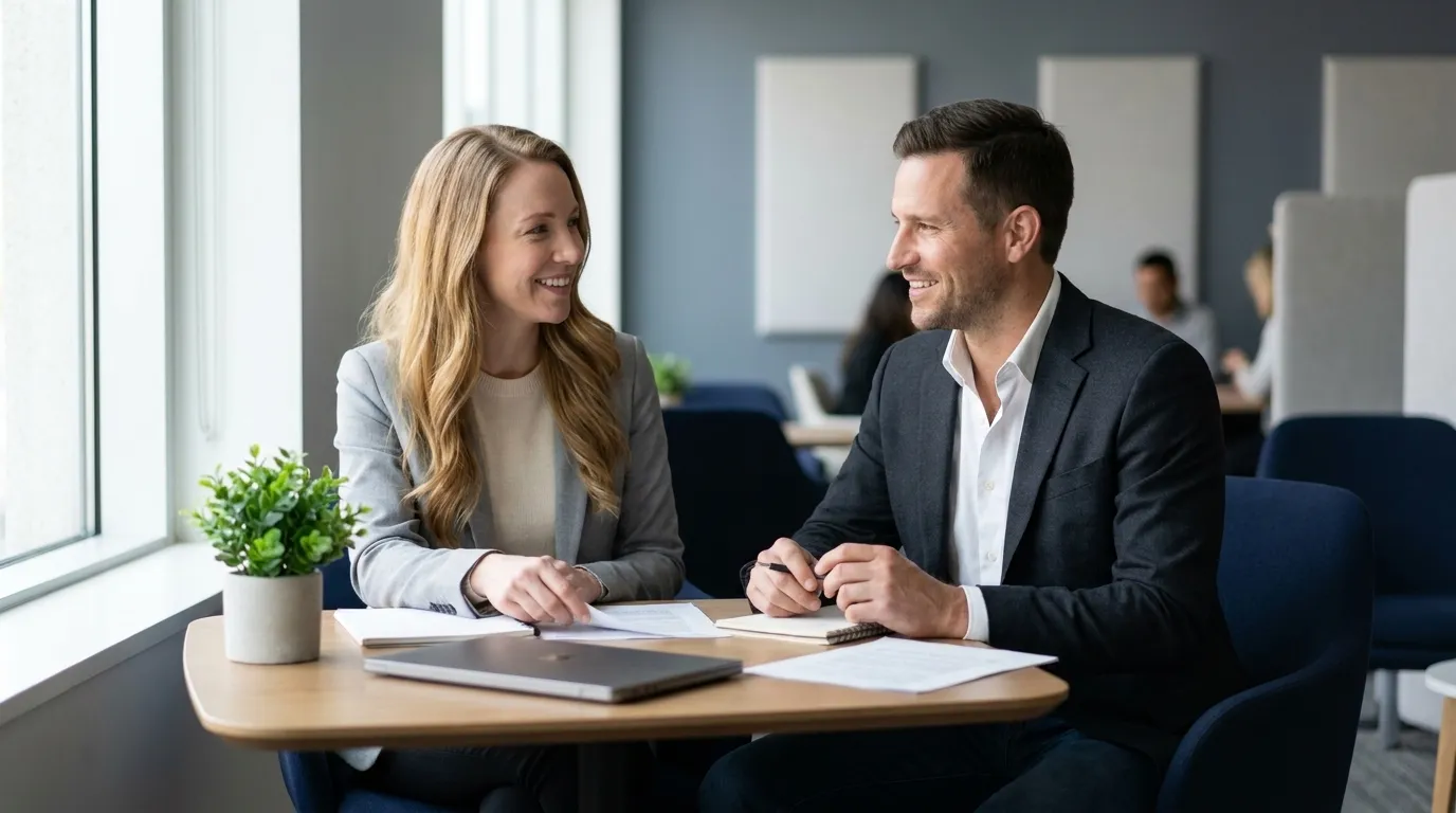 A small agency team in a bright open-plan office comparing two PR tools on a shared monitor