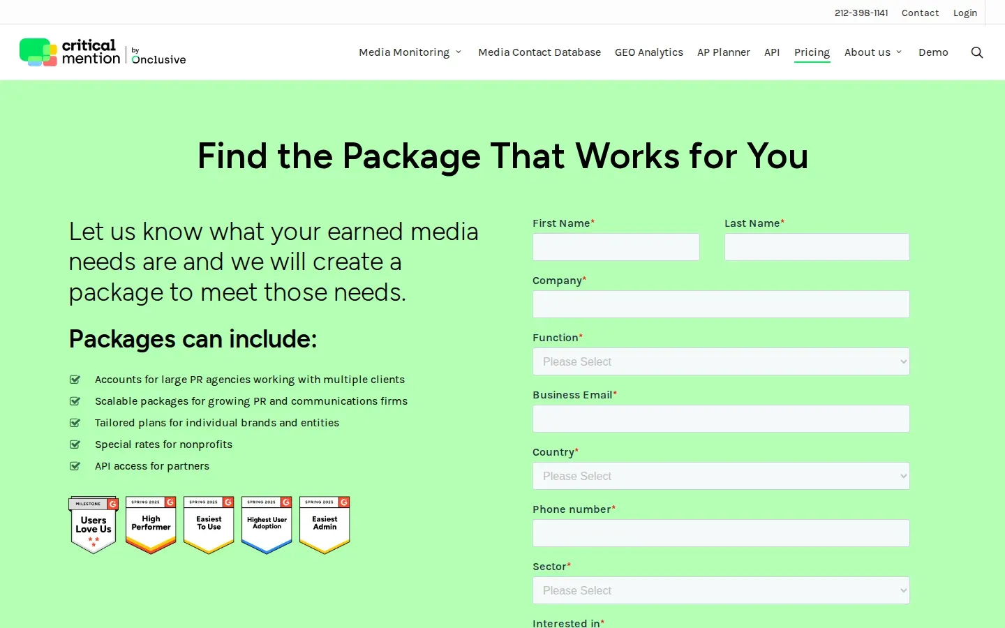 Screenshot of the Critical Mention pricing page