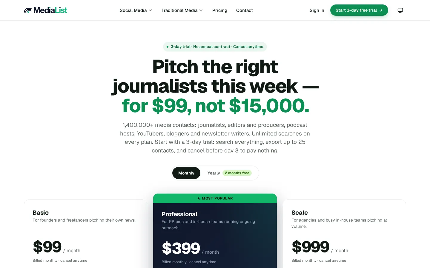 The Media List pricing page with Basic, Professional and Scale plans