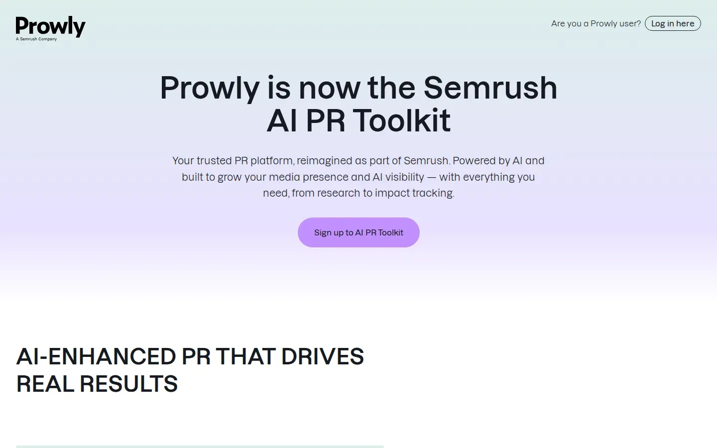 Screenshot of the Semrush AI PR Toolkit (formerly Prowly) homepage