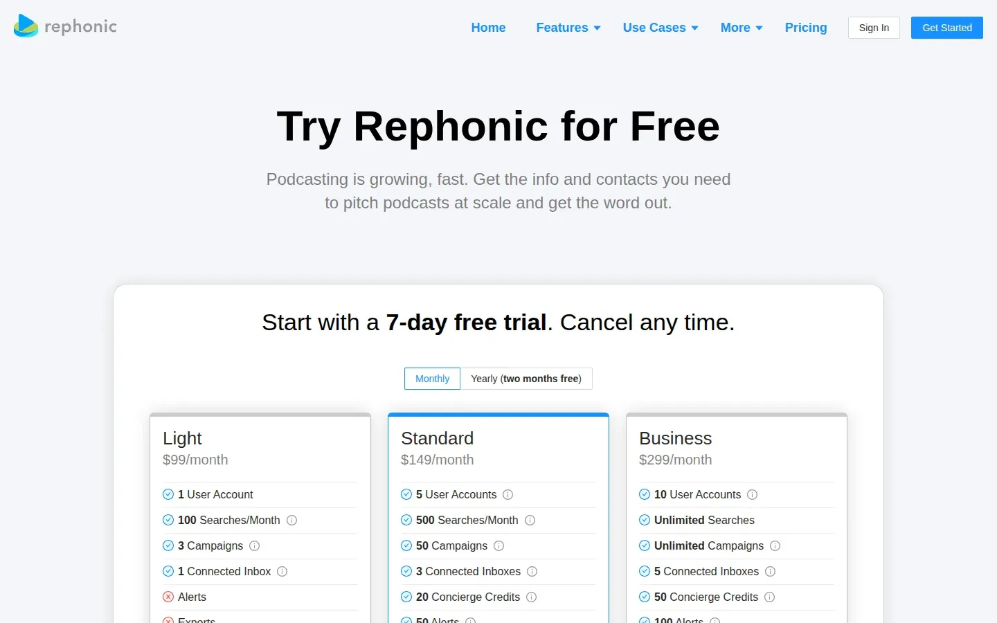 Rephonic Pricing (2026), Plans, Search Limits and Trial | Media List