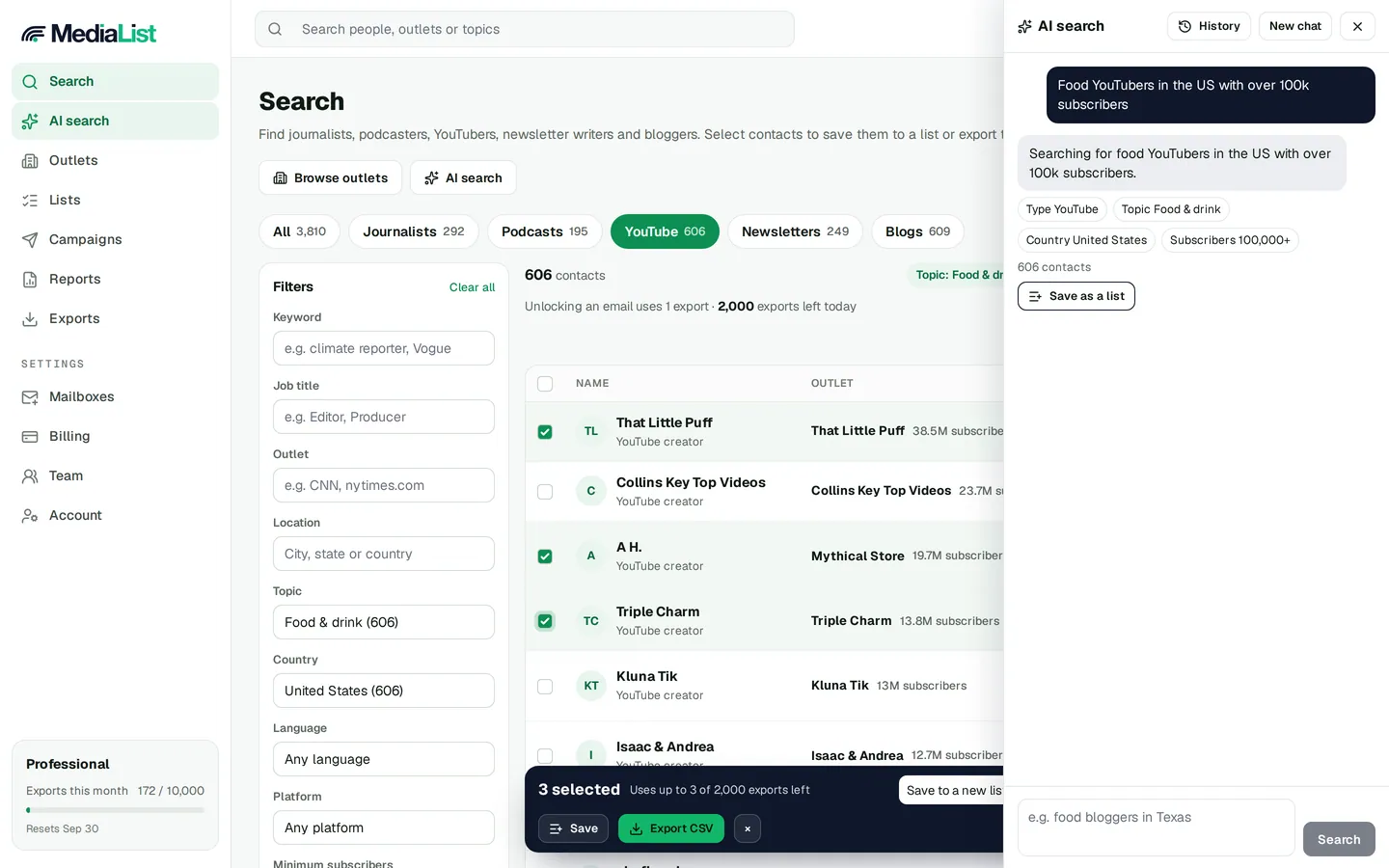 AI search in Media List turning a request for food YouTubers into filters and a list of channels