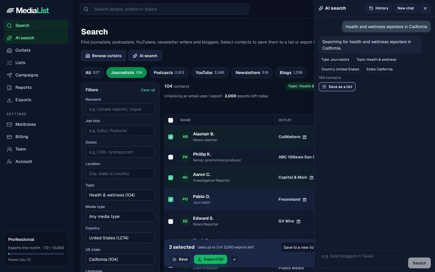 Media List AI search turning a plain English request into filters and a list of reporters