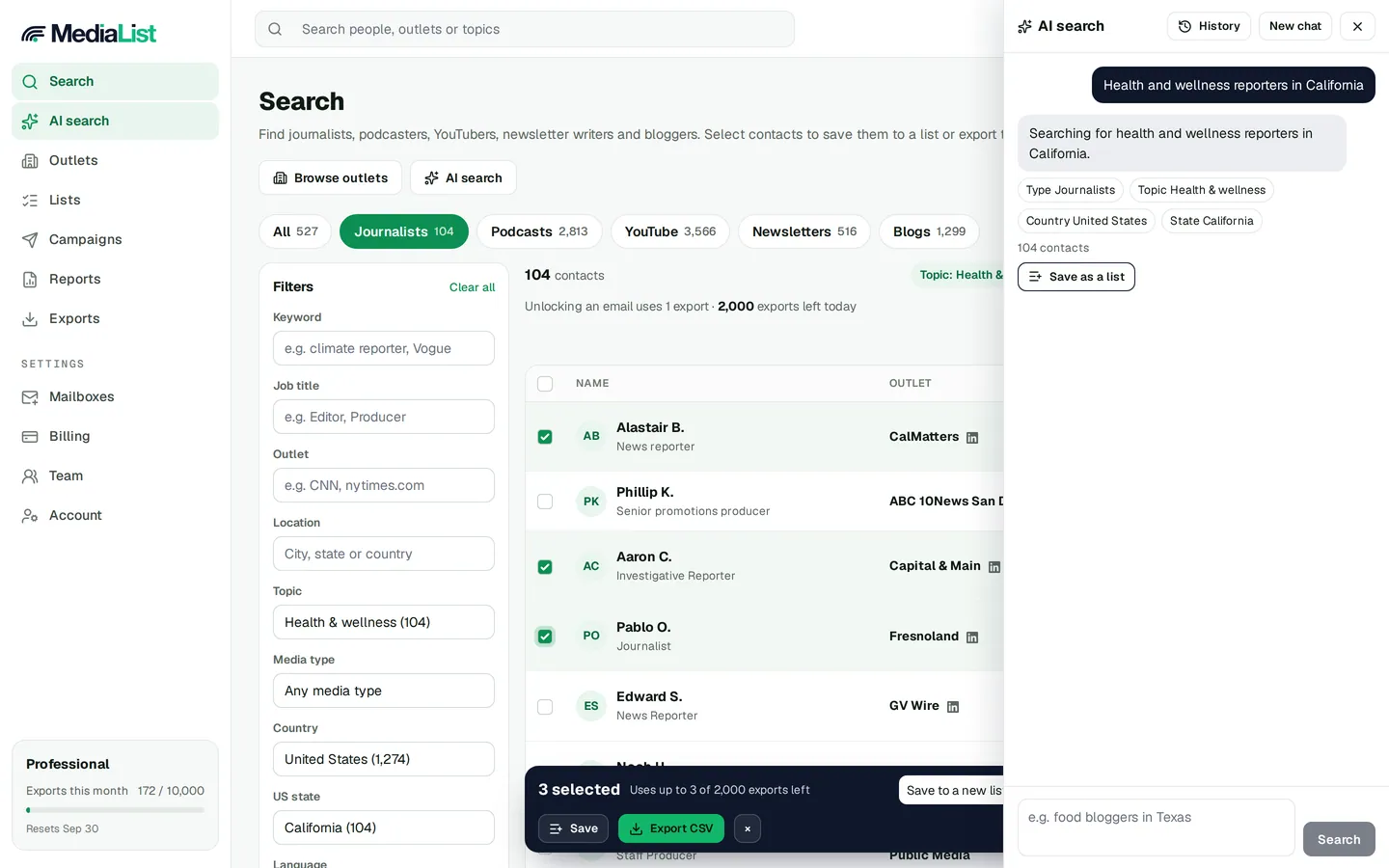 Media List AI search turning a plain English request into filters and a list of reporters