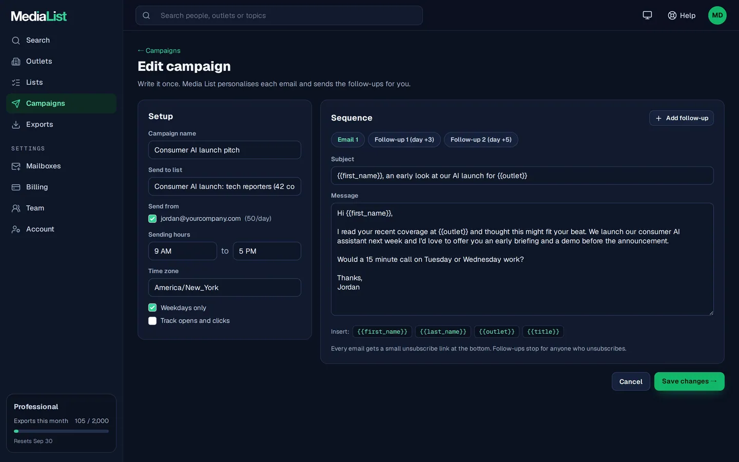 The Media List campaign editor with a pitch, follow ups and a connected mailbox