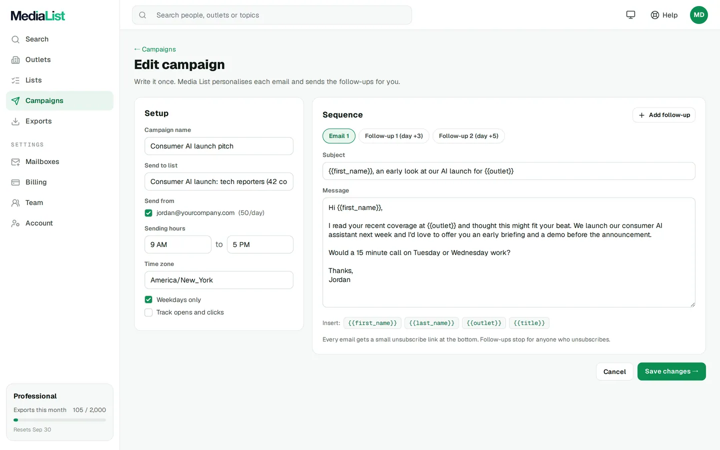 The Media List campaign editor with a pitch, follow ups and a connected mailbox