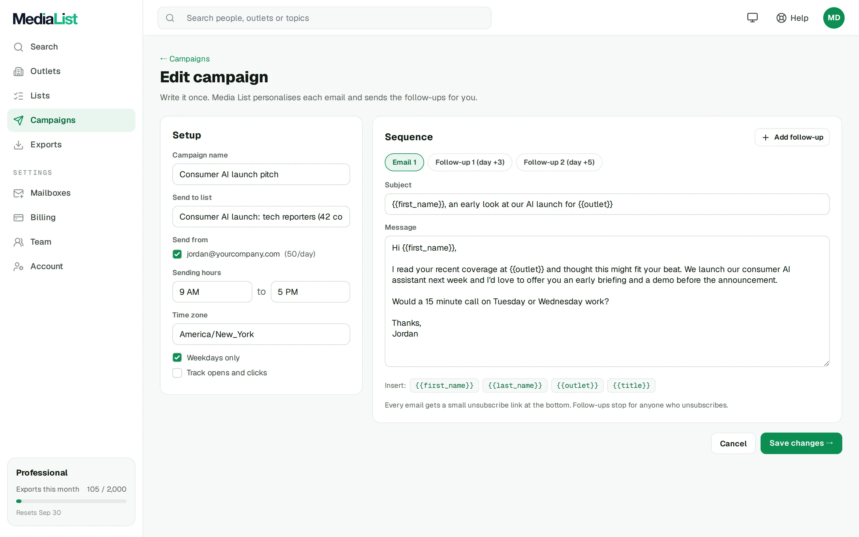 The Media List campaign editor with a pitch, follow ups and a connected mailbox