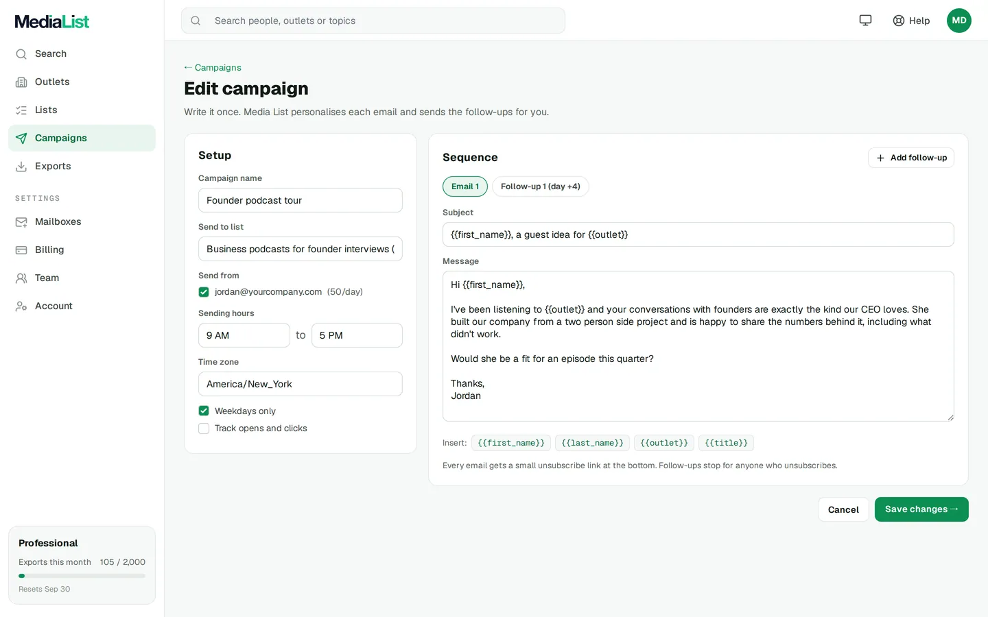 The Media List campaign editor with a pitch, follow ups and a connected mailbox