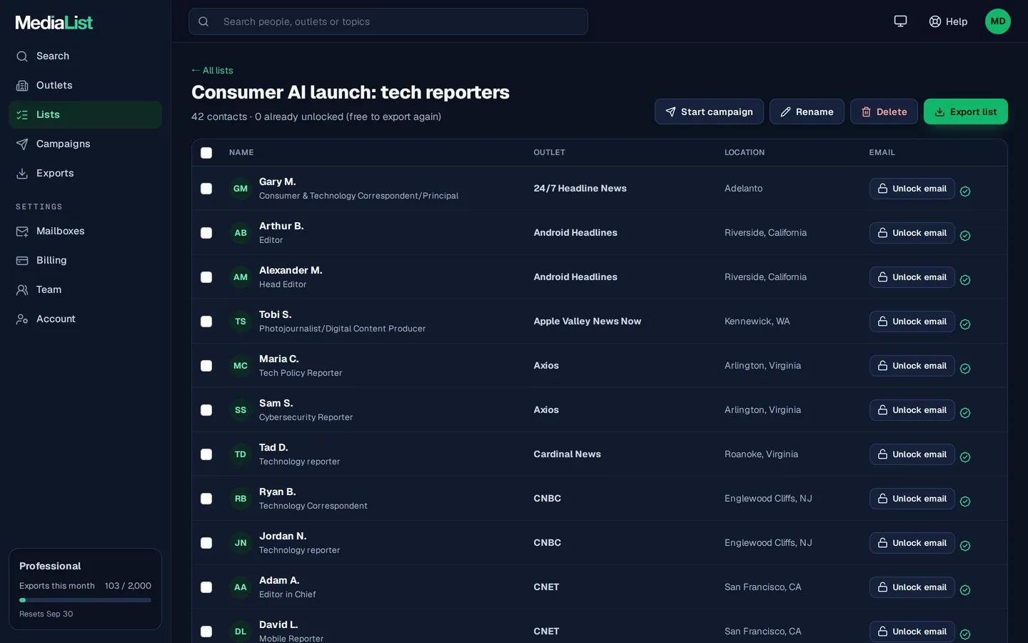 A saved list in Media List with export and campaign buttons
