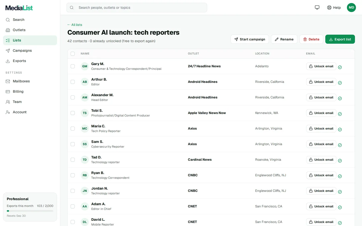 A saved list in Media List with export and campaign buttons