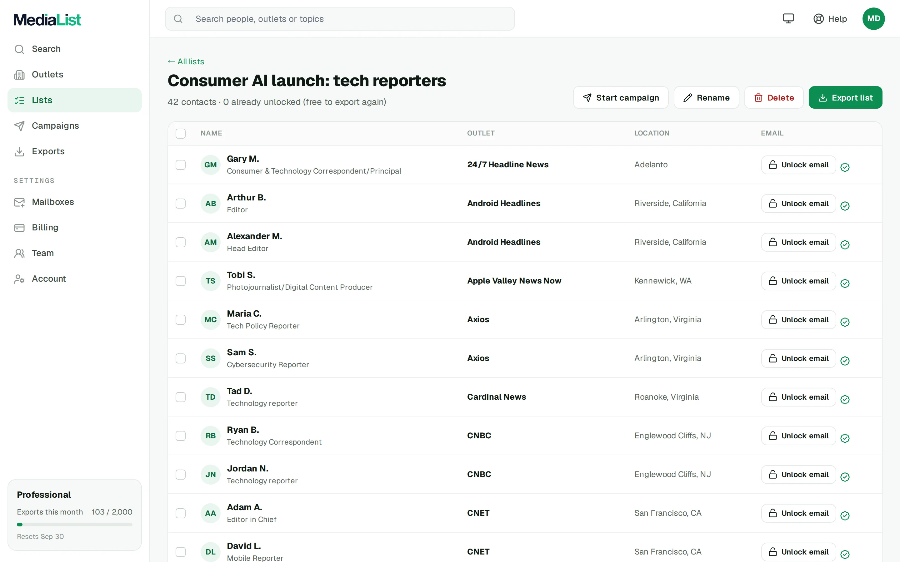 A saved list in Media List with export and campaign buttons