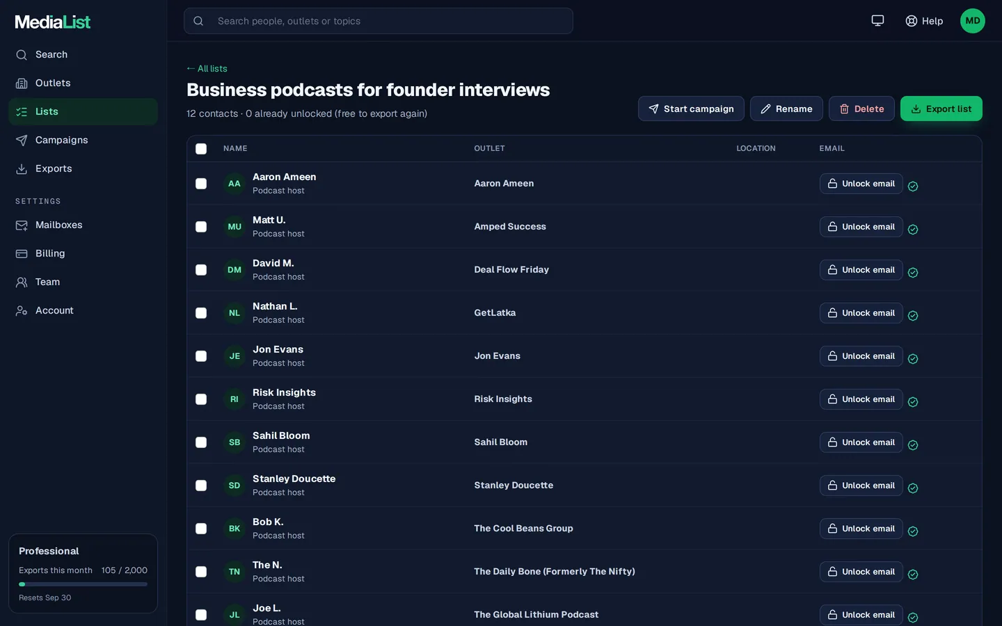 A saved list in Media List with export and campaign buttons