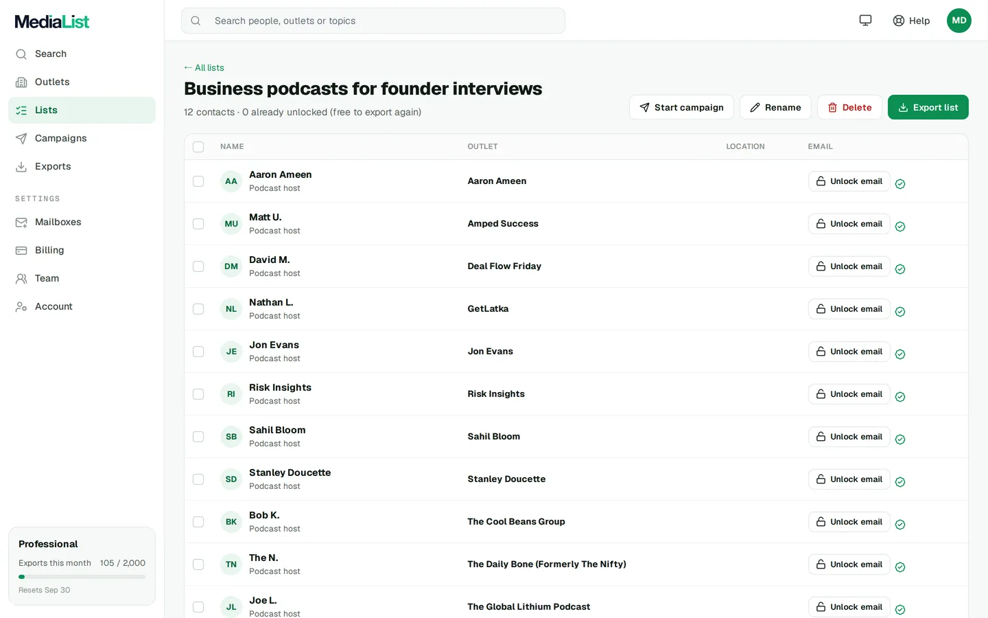 A saved list in Media List with export and campaign buttons