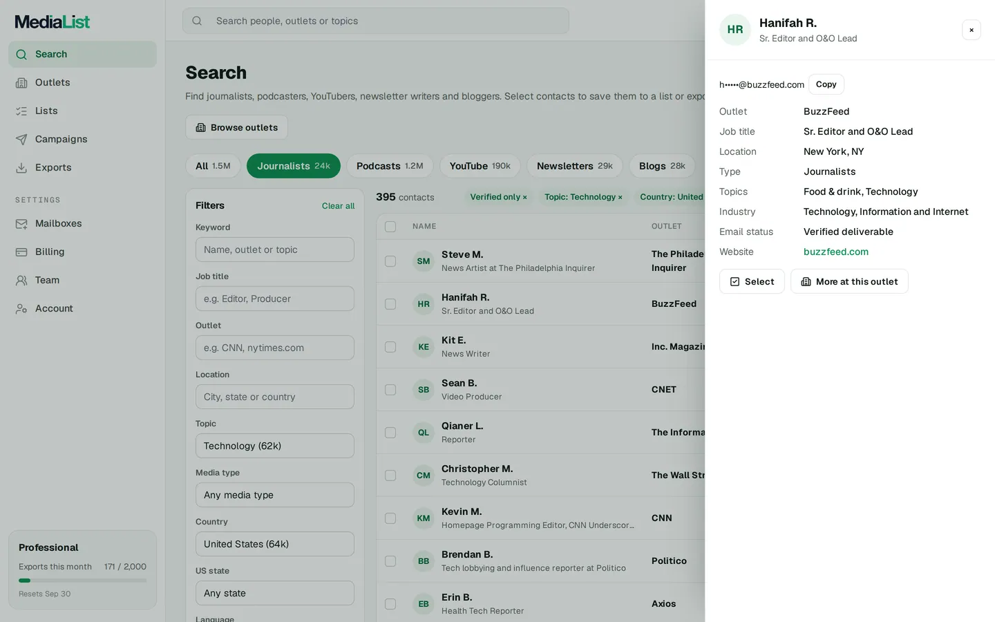 A contact opened in Media List, showing details and an unlocked email