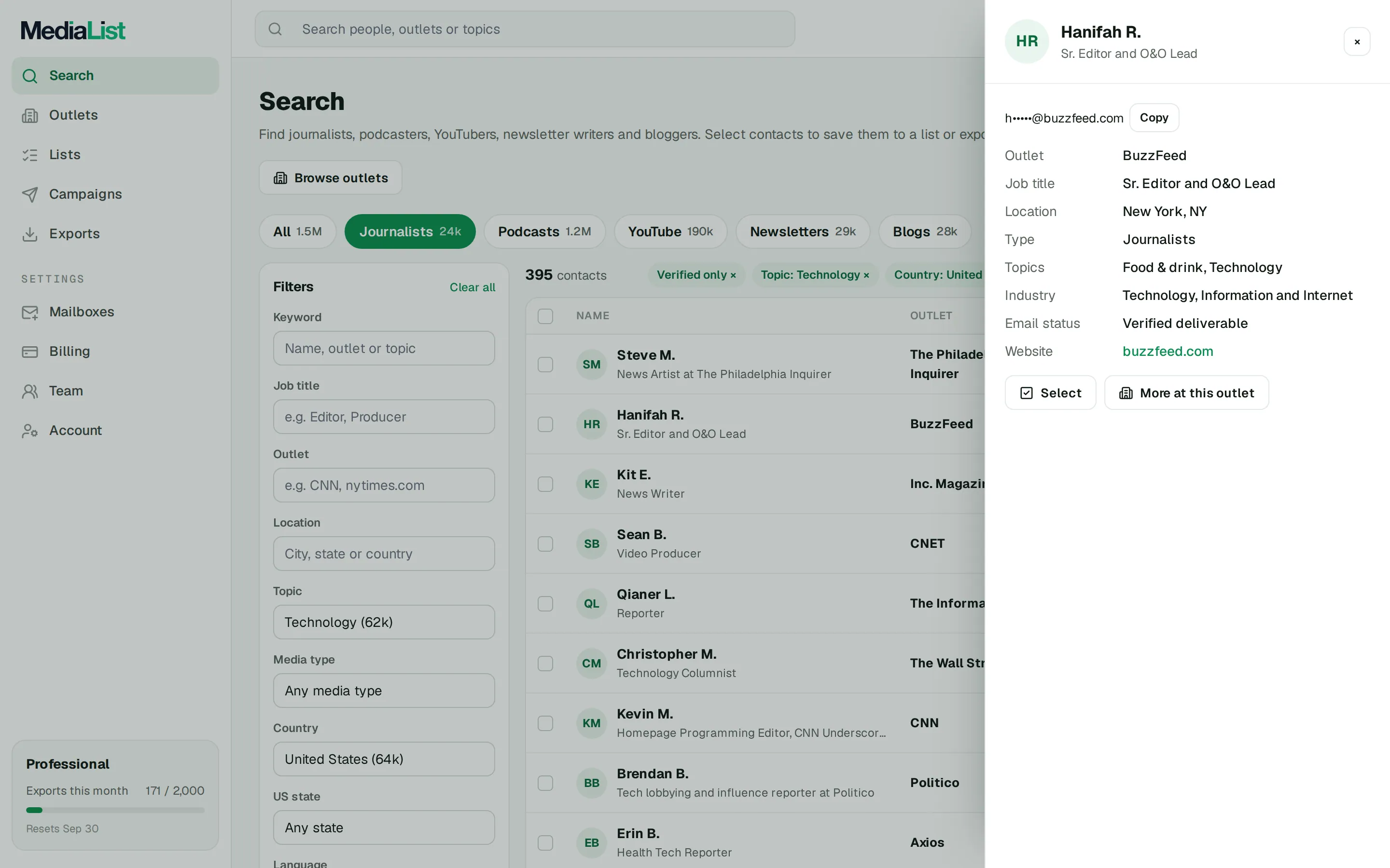 A contact opened in Media List, showing details and an unlocked email