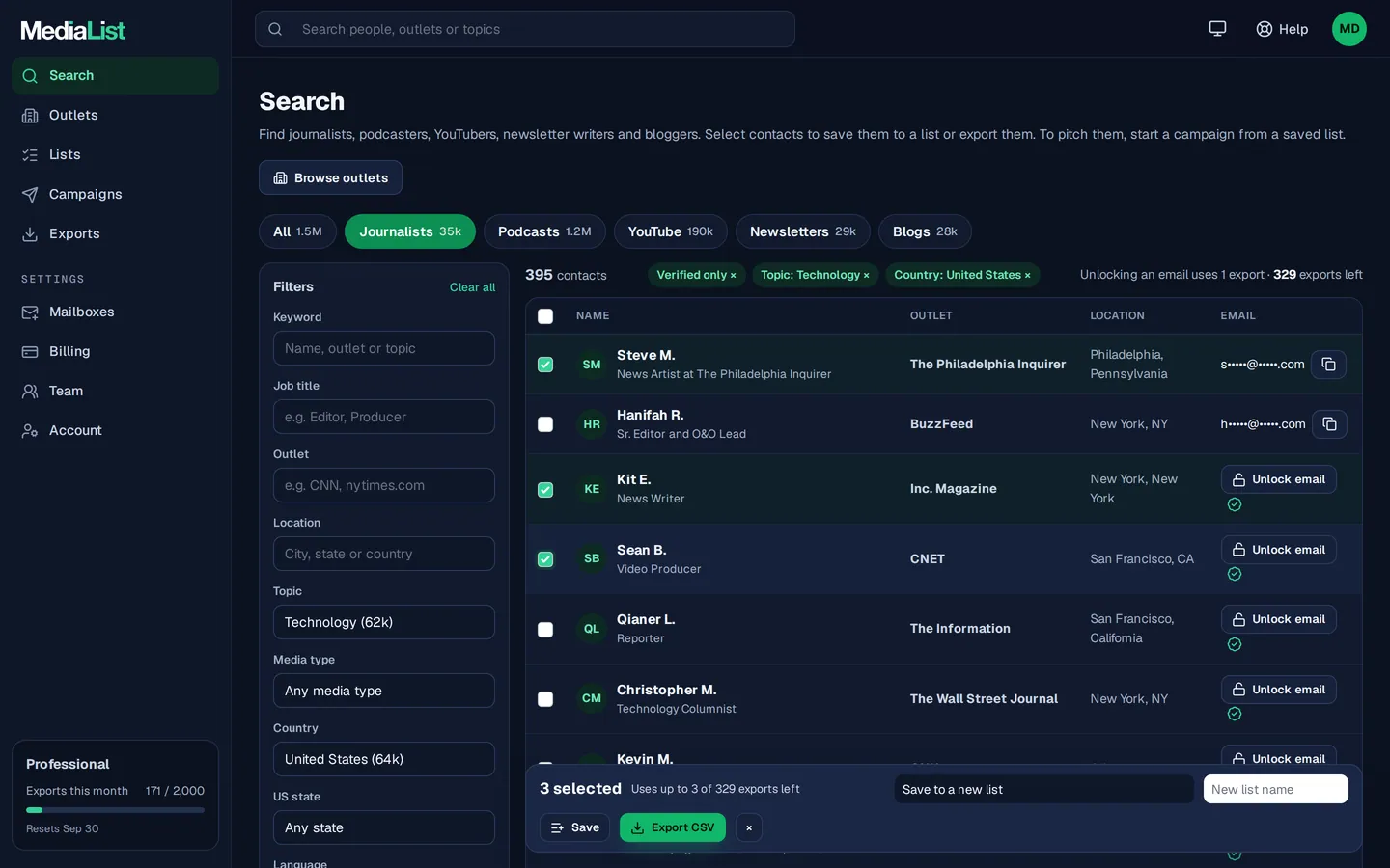 Media List search results with filters, showing contacts and verified emails