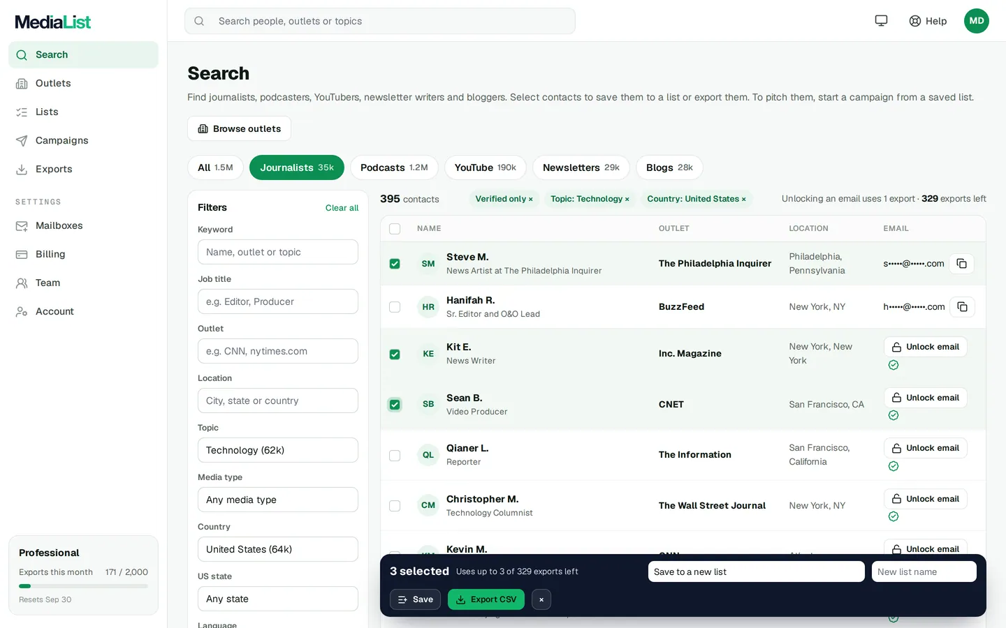 Media List search results with filters, showing contacts and verified emails