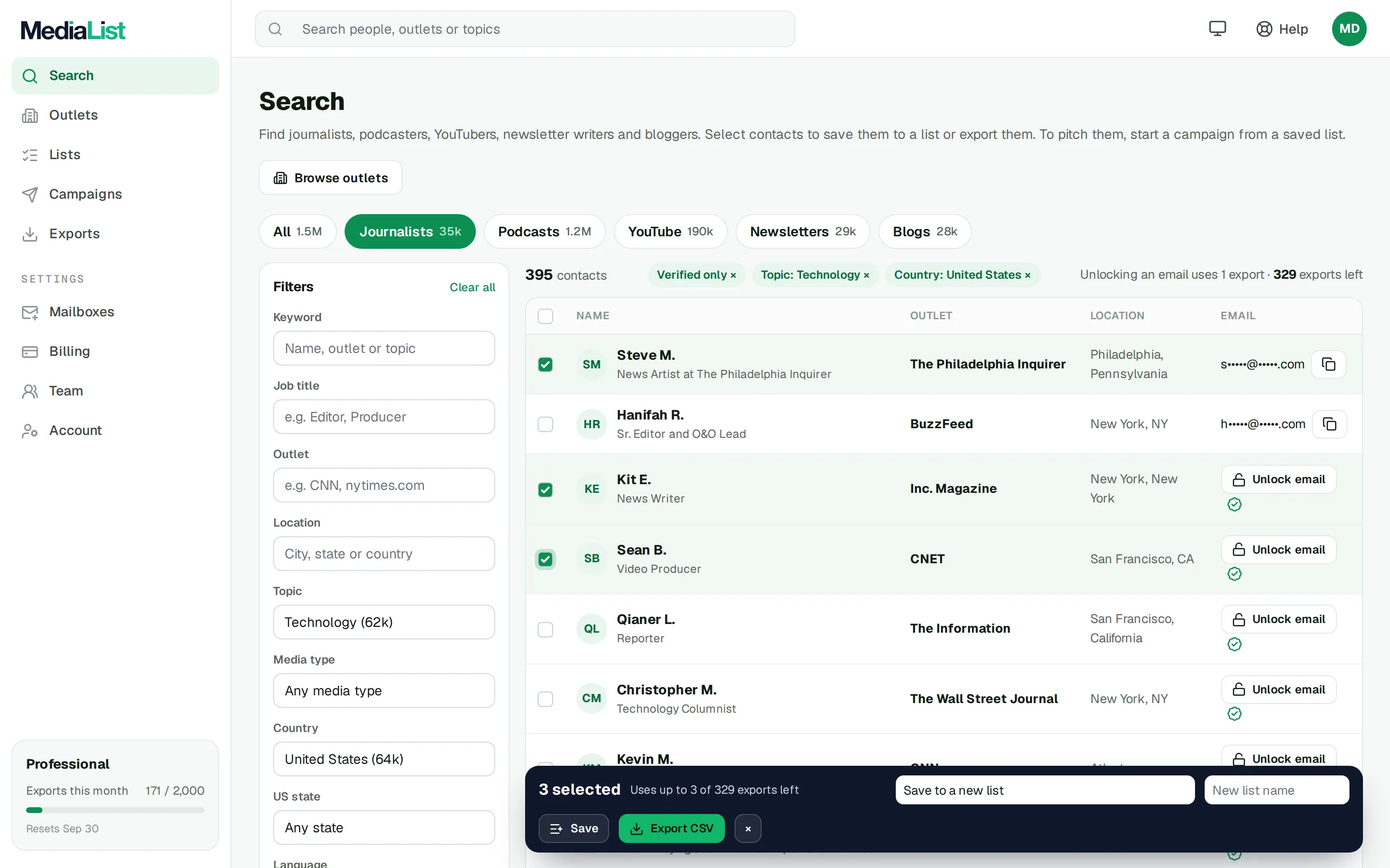 Media List search results with filters, showing contacts and verified emails