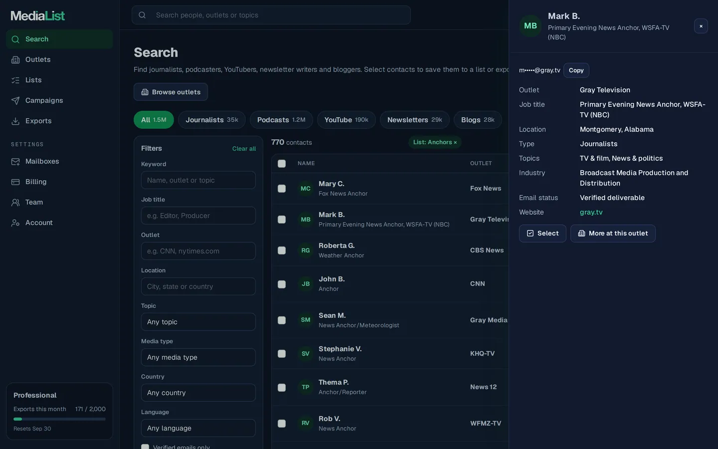 A contact opened in Media List, showing details and an unlocked email