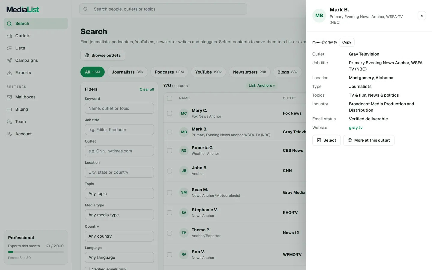A contact opened in Media List, showing details and an unlocked email