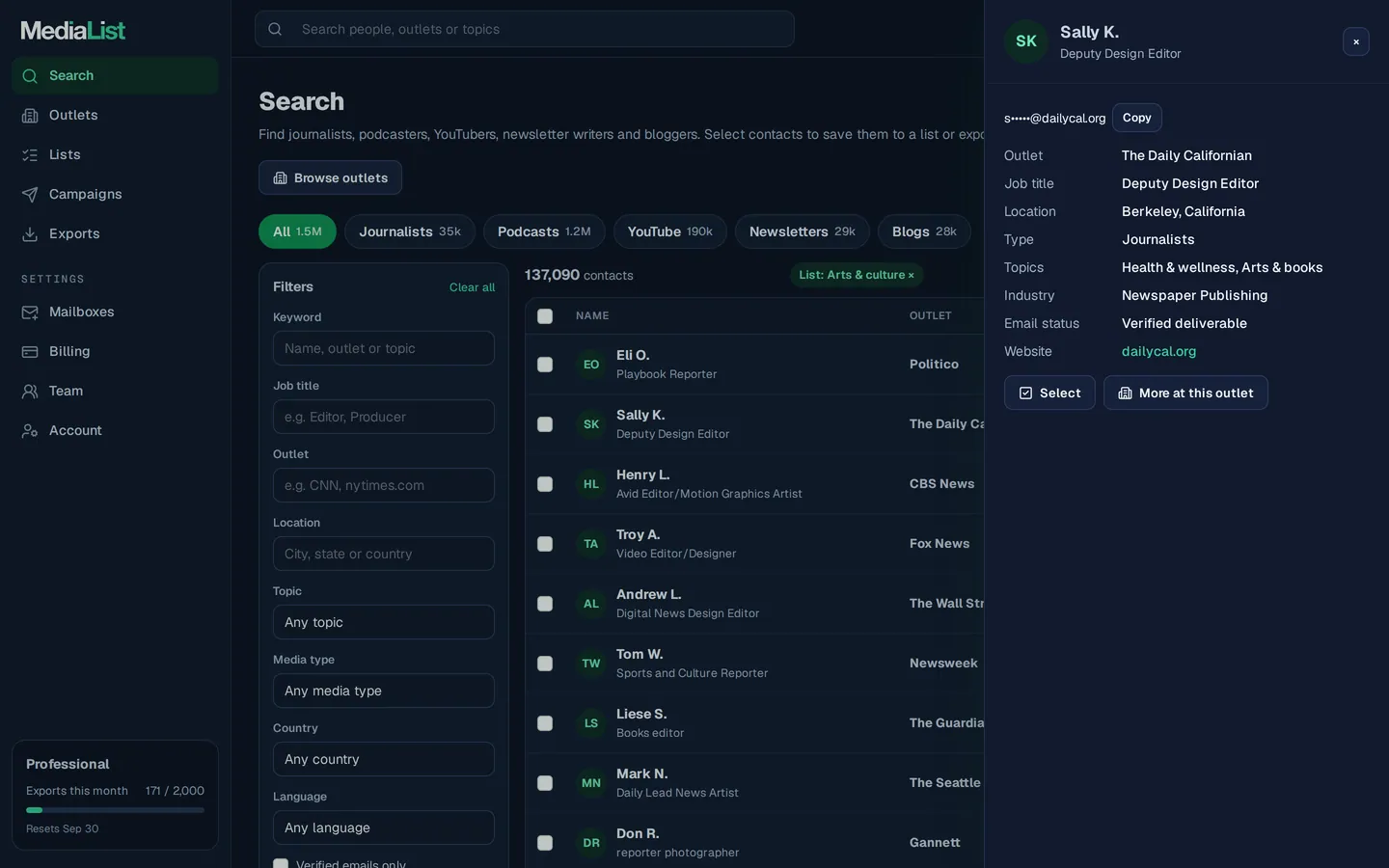 A contact opened in Media List, showing details and an unlocked email