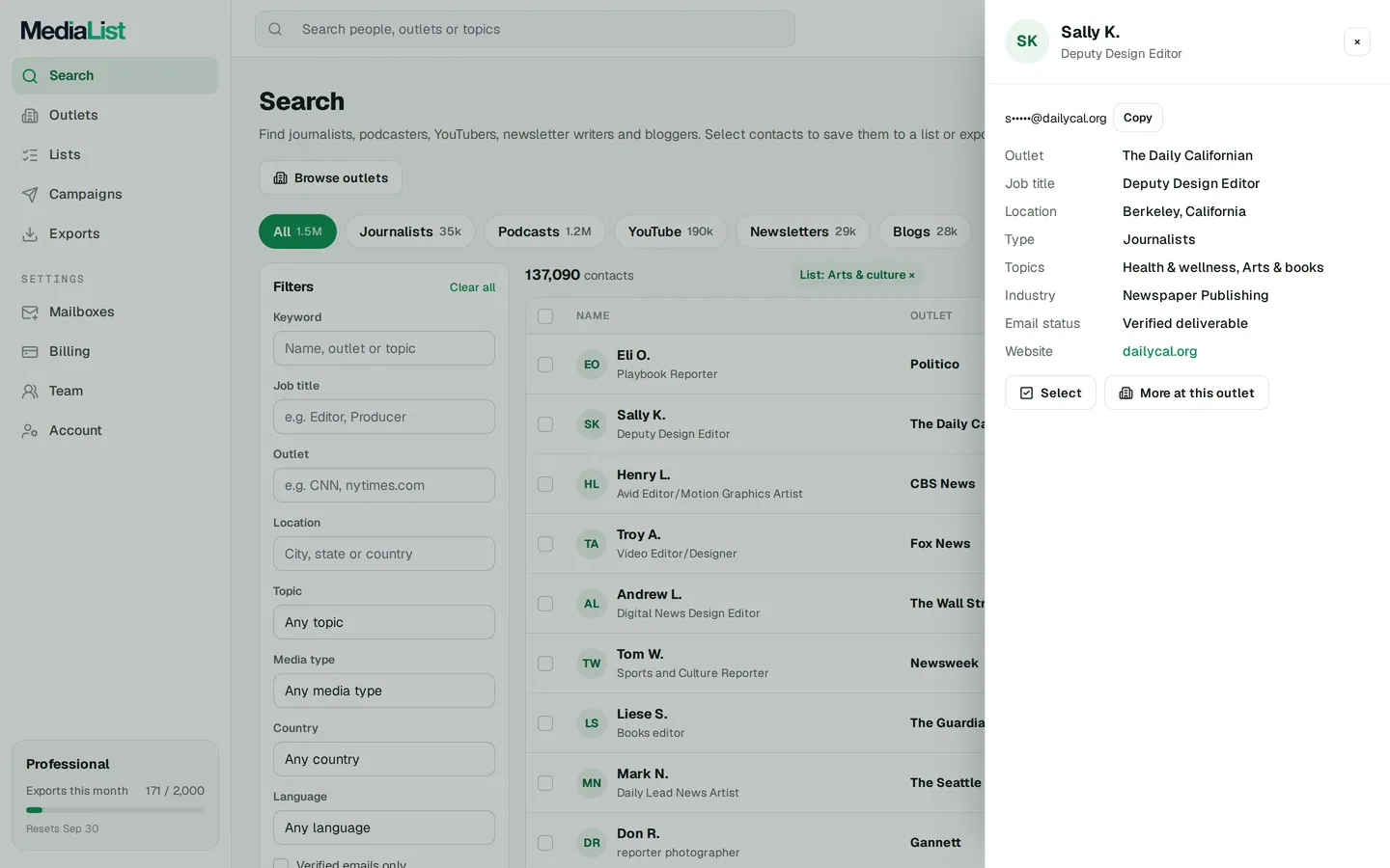A contact opened in Media List, showing details and an unlocked email
