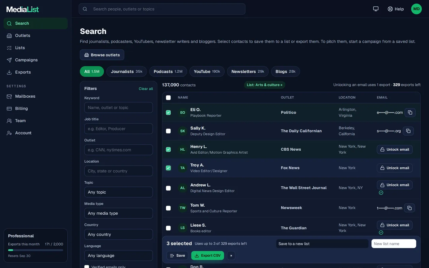 Media List search results with filters, showing contacts and verified emails