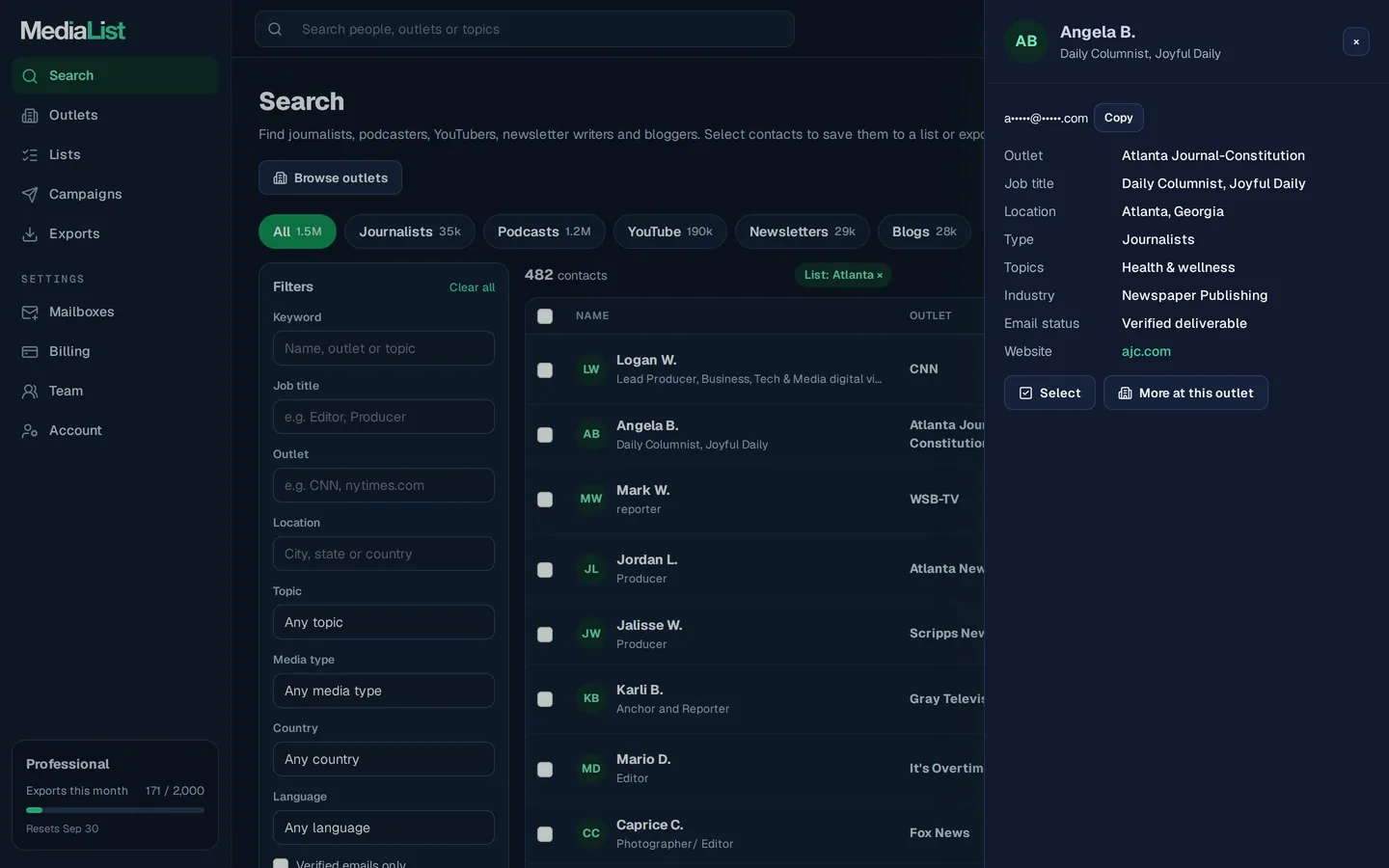 A contact opened in Media List, showing details and an unlocked email