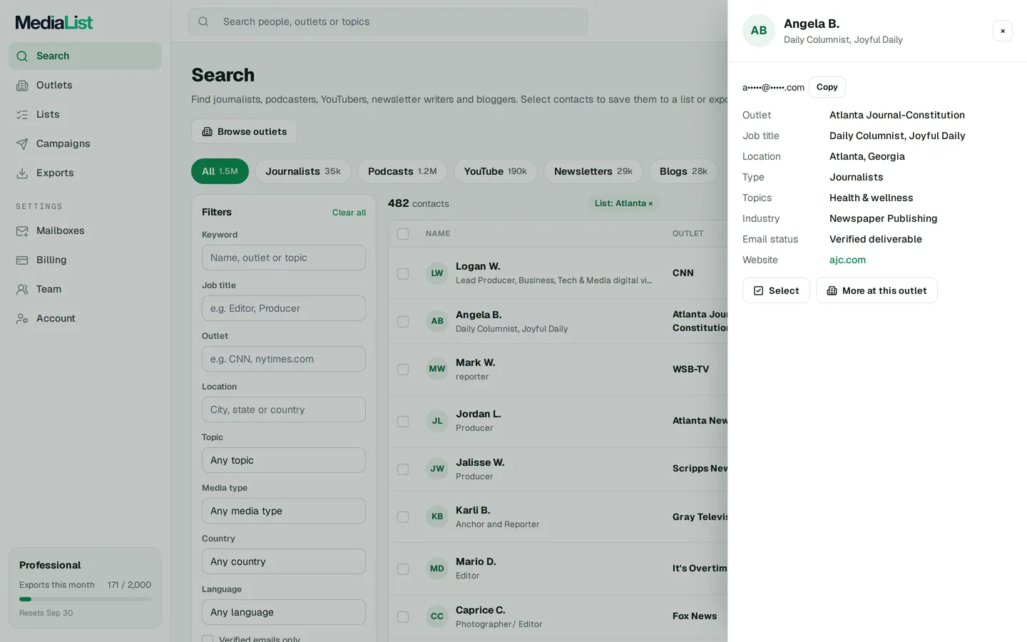 A contact opened in Media List, showing details and an unlocked email