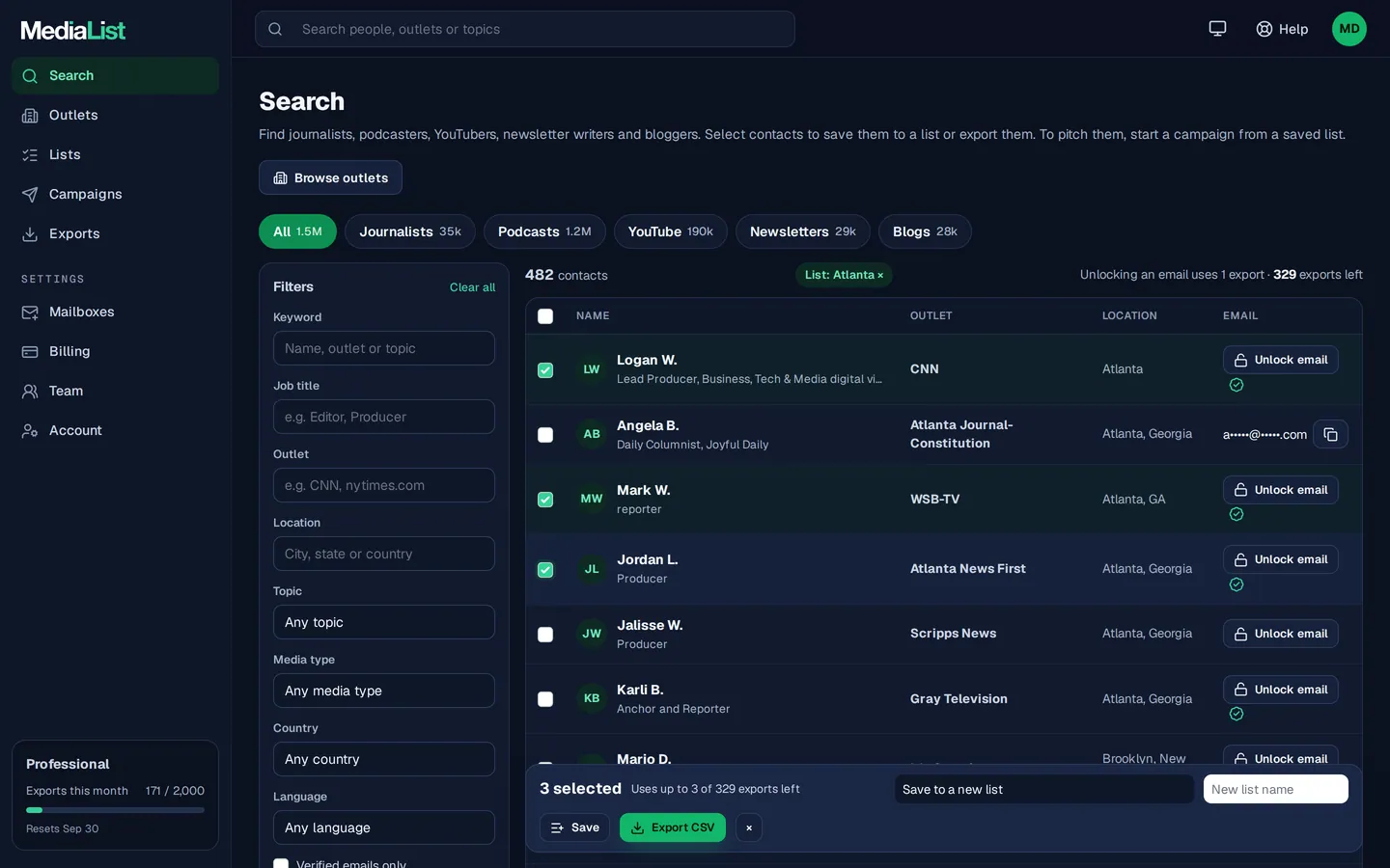 Media List search results with filters, showing contacts and verified emails