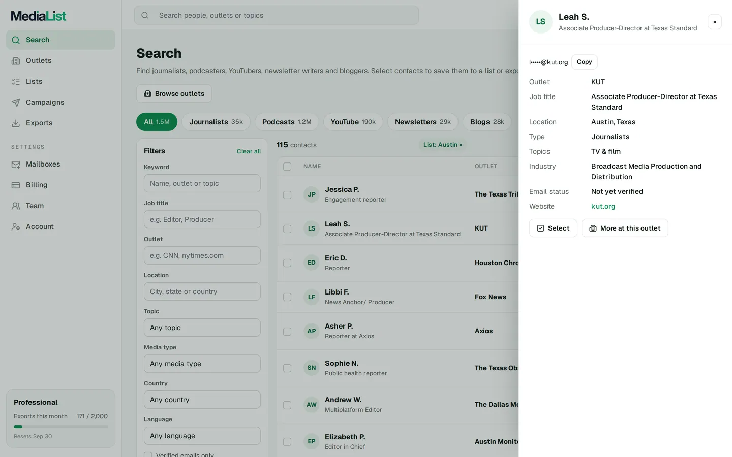 A contact opened in Media List, showing details and an unlocked email