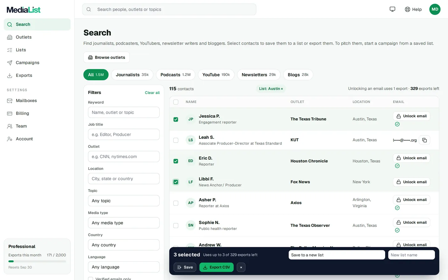 Media List search results with filters, showing contacts and verified emails