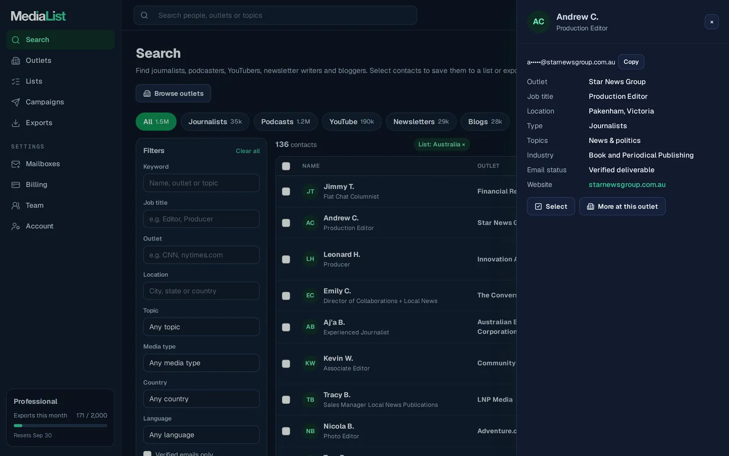 A contact opened in Media List, showing details and an unlocked email