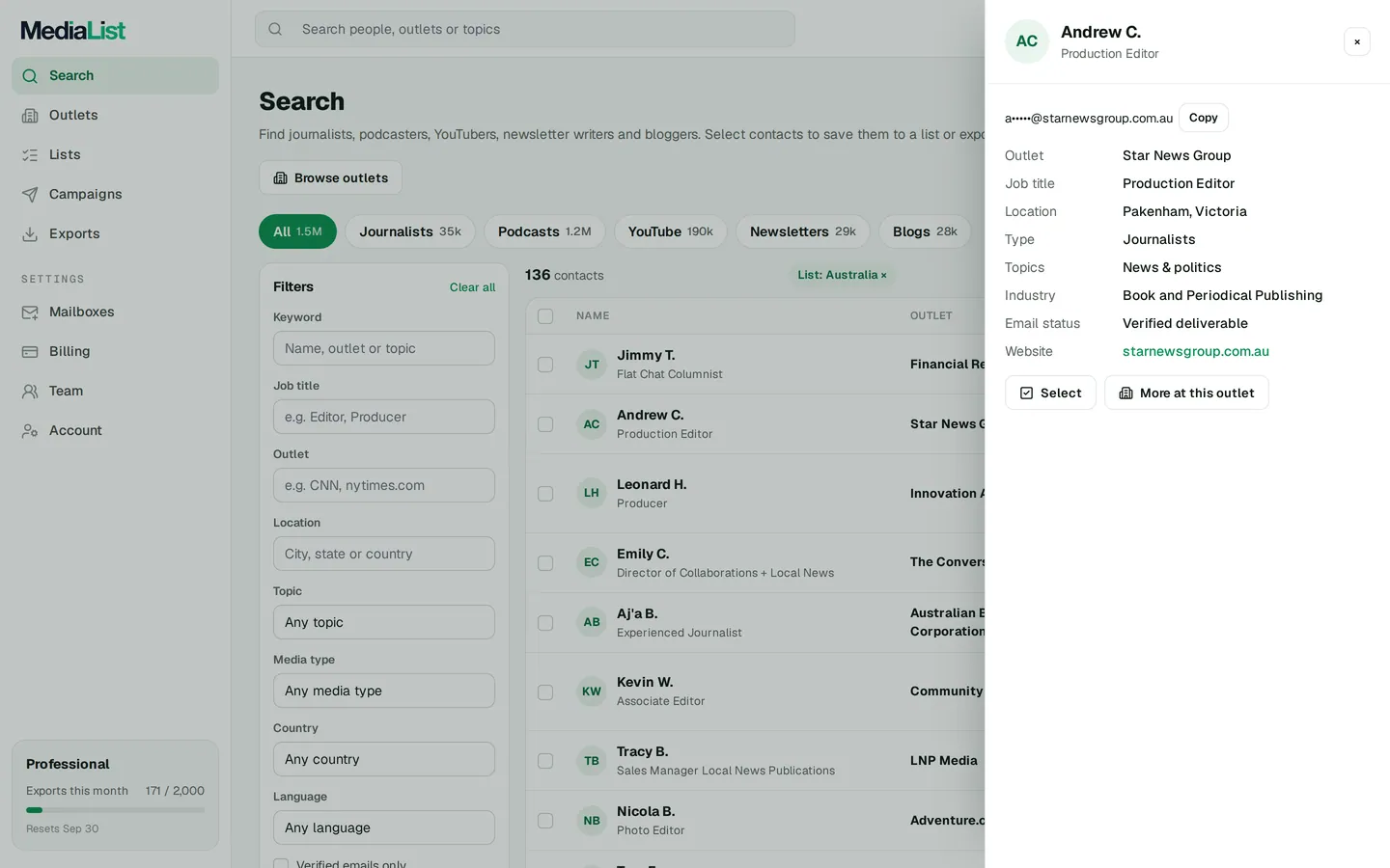 A contact opened in Media List, showing details and an unlocked email