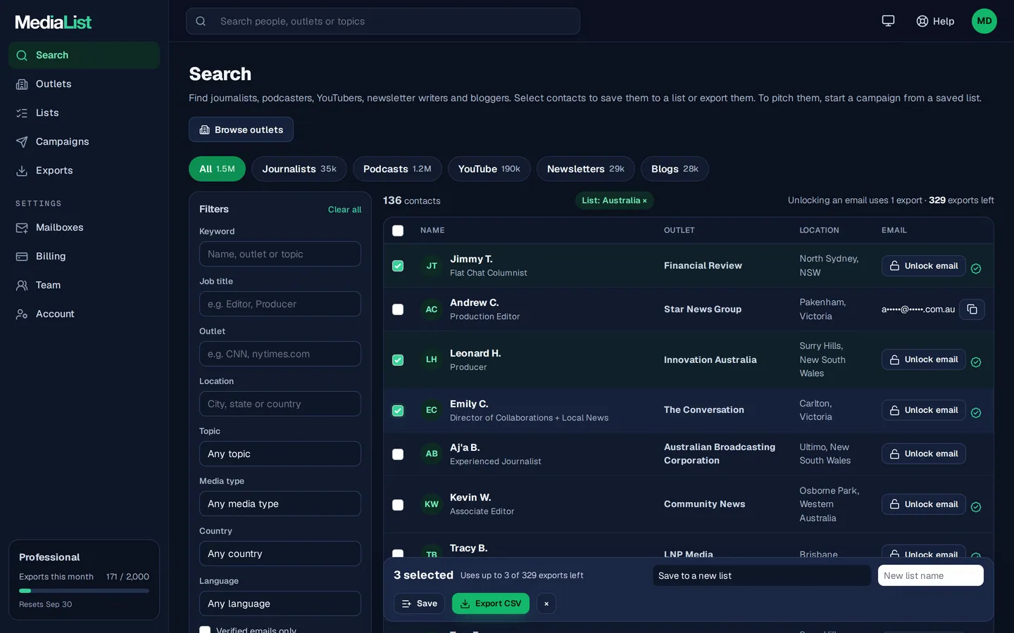 Media List search results with filters, showing contacts and verified emails