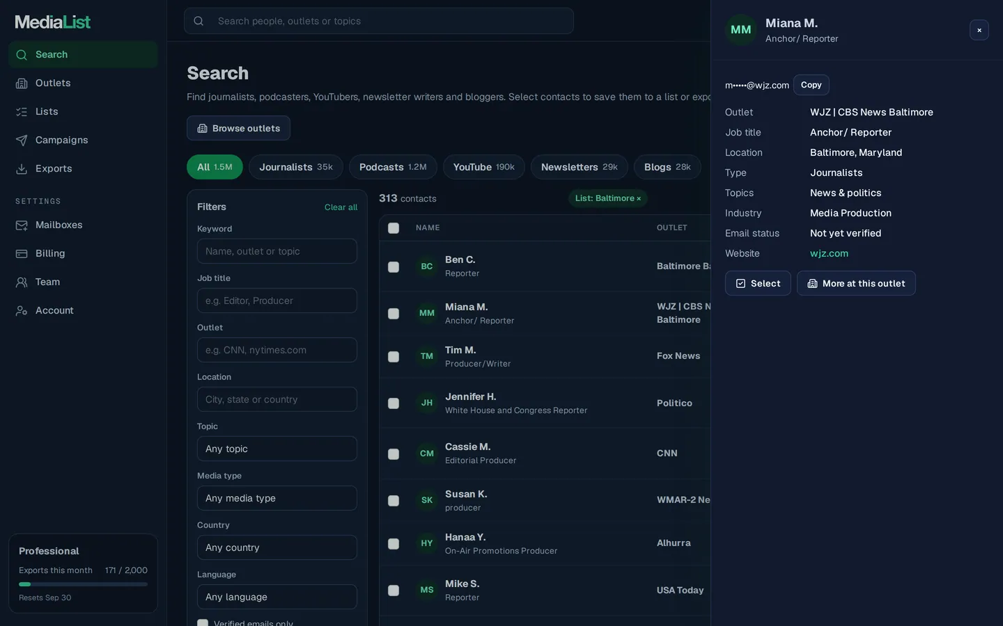 A contact opened in Media List, showing details and an unlocked email